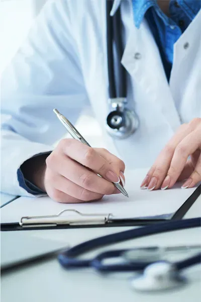 Advanced-Diagnostic-Testing-Treatment Close up of a doctor in a white coat, writing on a notepad, representing functional medicine testing offered by Dr. Donna Diamond in Louisville/Boulder.