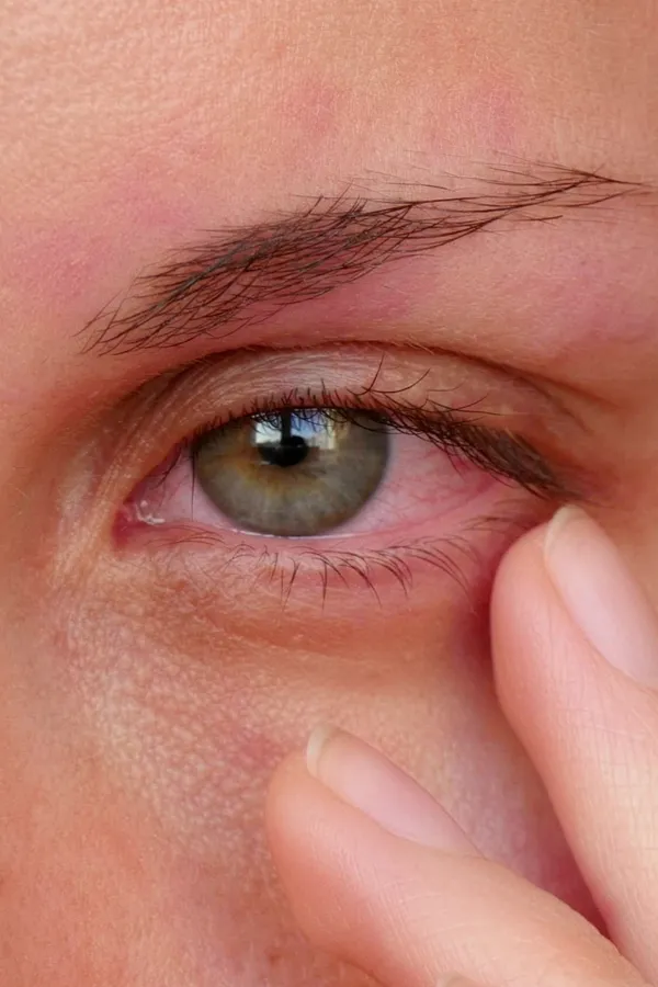 Allergic-Conjunctivitis-Treatment Close-up of a woman touching the edge of her eye which is red due to allergy irritation. Get treatment for allergic conjunctivitis from Dr. Donna Diamond in Louisville/Boulder.