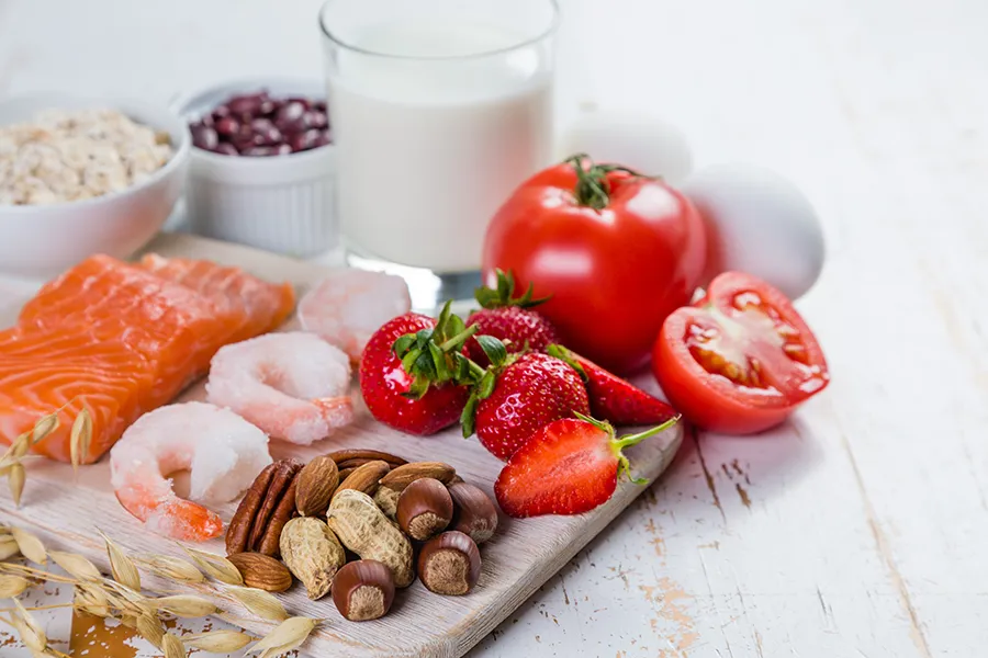 Food-Allergies-Clinic A board of foods like nuts, shellfish, and dairy, that are commonly associated with allergies. Get treatment for food allergies from Dr. Donna Diamond in Louisville/Boulder.