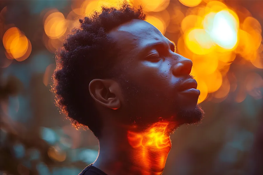 Hyperthyroidism-Clinic A man looks up with an illustration of an inflamed thyroid overlayed. Schedule hyperthyroidism treatment from Dr. Donna Diamond in Louisville/Boulder.