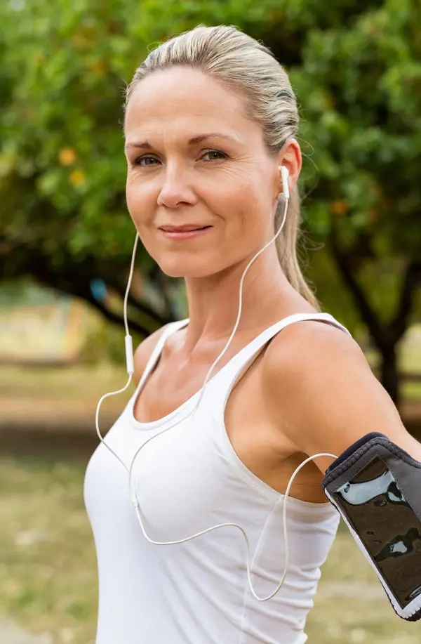 Insulin-Resistance-Treaatment A fit middle aged woman wearing earphones and a tank top smiles after a run. Get insulin resistance treatment from Dr. Donna Diamond in Louisville/Boulder.