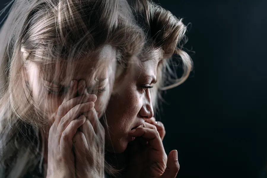 PTSD-Clinic Superimposed images of a woman with terrible worry. Schedule treatment for PTSD from Dr. Donna Diamond in Louisville/Boulder.