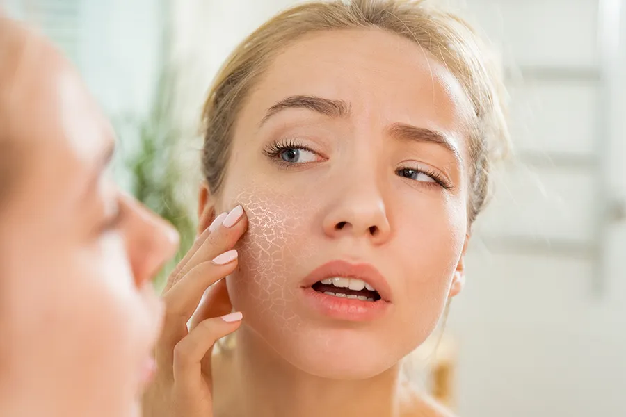 Sjogrens-Syndrome-Clinic Concerned woman examining dry, flaky skin on her face in the mirror. Get relief from Dr. Donna Diamond's expert functional medicine for Sjogren's Syndrome treatment in Louisville/Boulder.