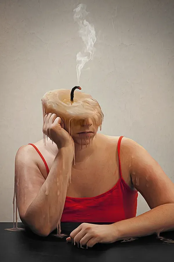 Stress-and-Burnout-Treatment 3D illustration of a woman with a candle for a head burned down to the wick. Get treatment for stress and burnout from Dr. Donna Diamond in Louisville/Boulder.